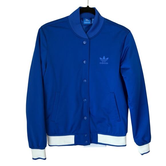 Adidas Embellished Arts Bomber Jacket Women's XS Blue Snap Embroidered - Picture 1 of 4